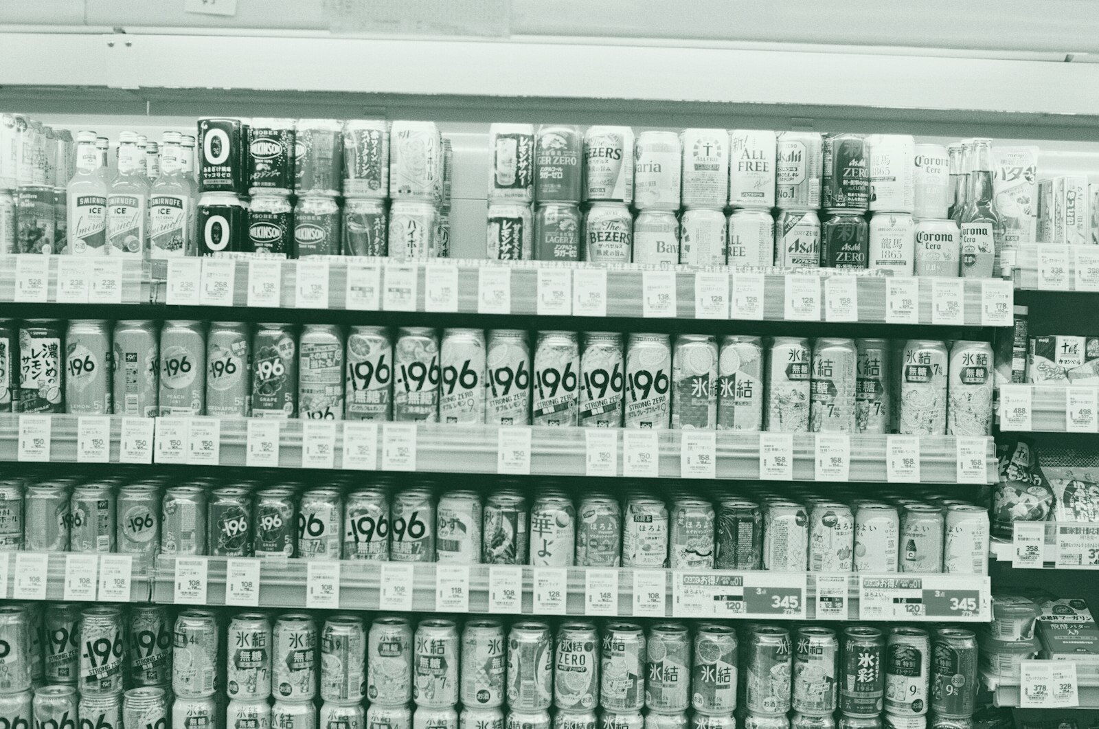Shelves stocked with colorful beverage cans in a store